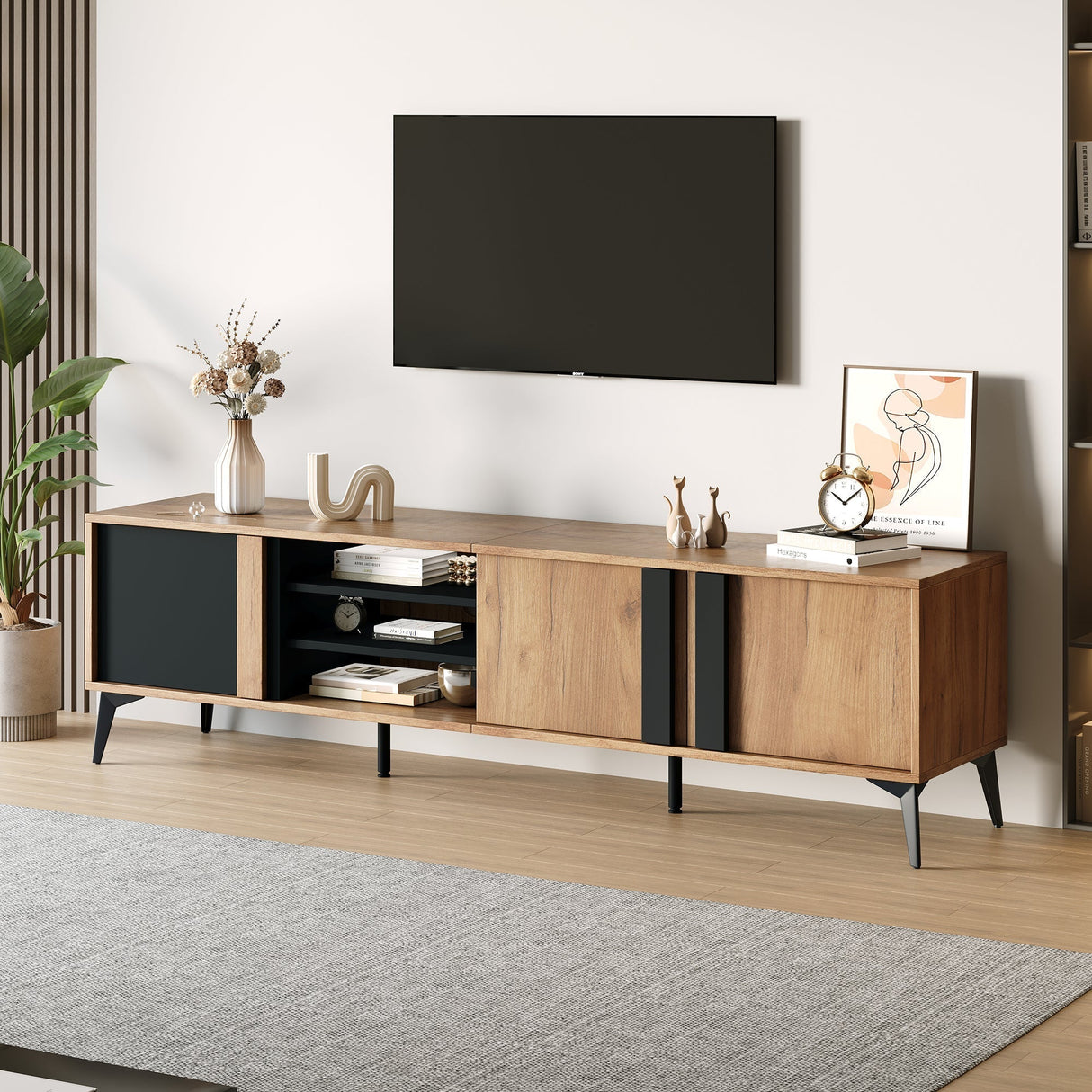TV Stand TV Cabinet for up to 80 Inch TV with 3 Cabinets and 3 Open Shelves, Steel Frame, Brown and Black