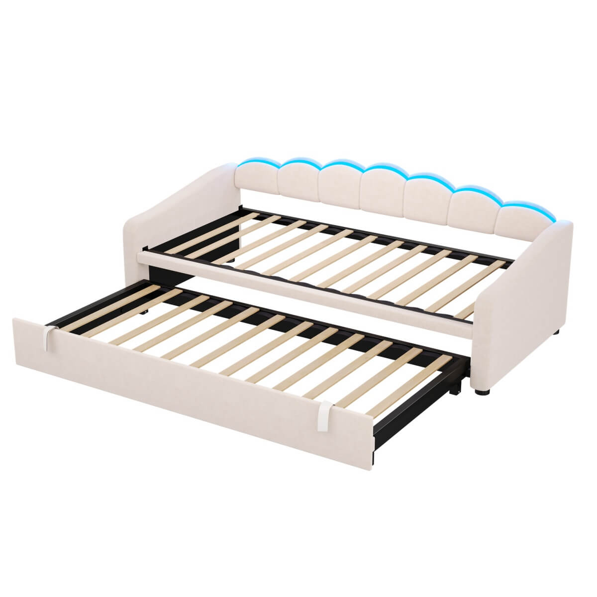 3ft Velvet Daybed with Trundle - Upholstered Sofa Bed with RGB LED Lights, Beige
