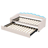 3ft Velvet Daybed with Trundle - Upholstered Sofa Bed with RGB LED Lights, Beige