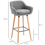 Set of 2 Bar Stools Modern Upholstered Seat Bar Chairs, Metal Frame, Solid Wood Legs, Grey Fabric