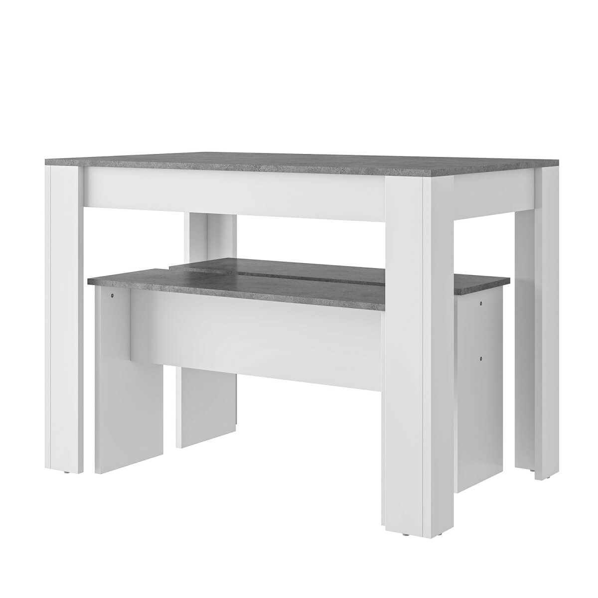 Dining Table Set with 2 Benches - Artificial Marble Kitchen & Dining Table for Small Spaces, Grey & White
