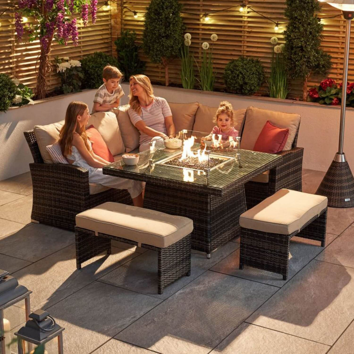 8-Seater Outdoor Corner Sofa Set with Square Fire Pit Table and 2 Benches - PAF-16700