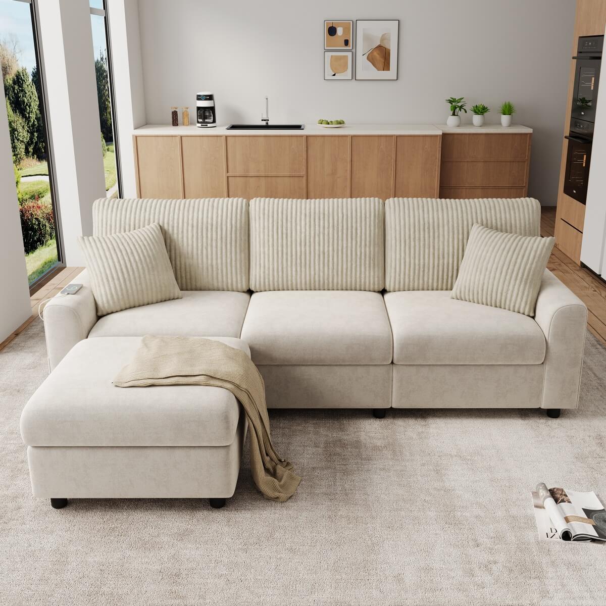 3-4 Seater Modern Sofa with Footstool - USB and Type-C Charging, Beige