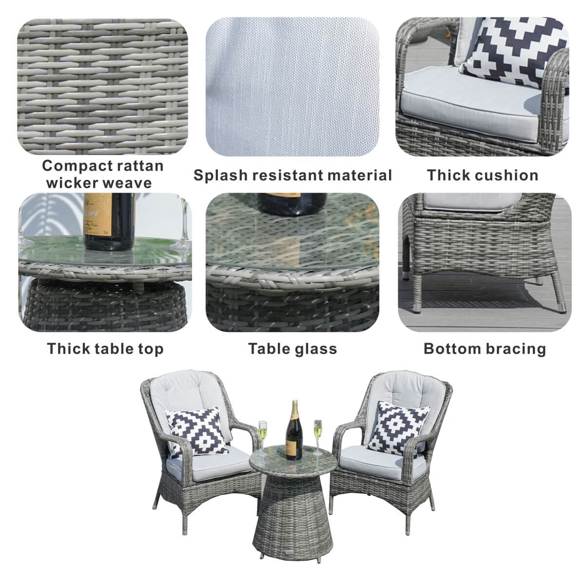 3-Piece Grey Rattan Bistro Set - Outdoor Garden Chairs with Round Coffee Table