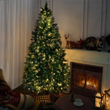 Snow Flocked Artificial Christmas Tree with Pine Cones - Full PVC Xmas Tree with 8-Mode Warm White LED Lights, 6ft/7ft