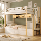 3ft Single Wooden Bunk Bed with Hydraulic Lower Bed - Solid Wood Kids Bed with Storage Stairs, LED Lights and USB Charging, White and Natural