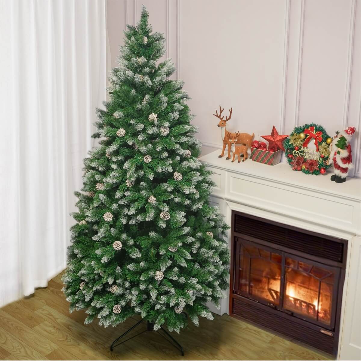 Snow Flocked Artificial Christmas Tree with Pine Cones - Pre-Lit or Unlit PVC Xmas Tree, Warm White LEDs, 5ft 6ft 7ft