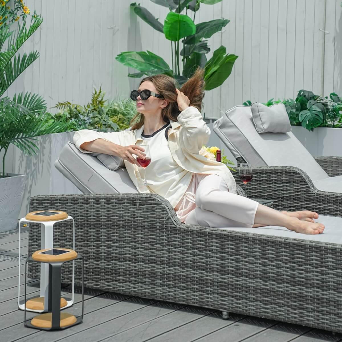 3 Piece Outdoor Rattan Sun Lounger Set with Side Table - Garden Sun Loungers