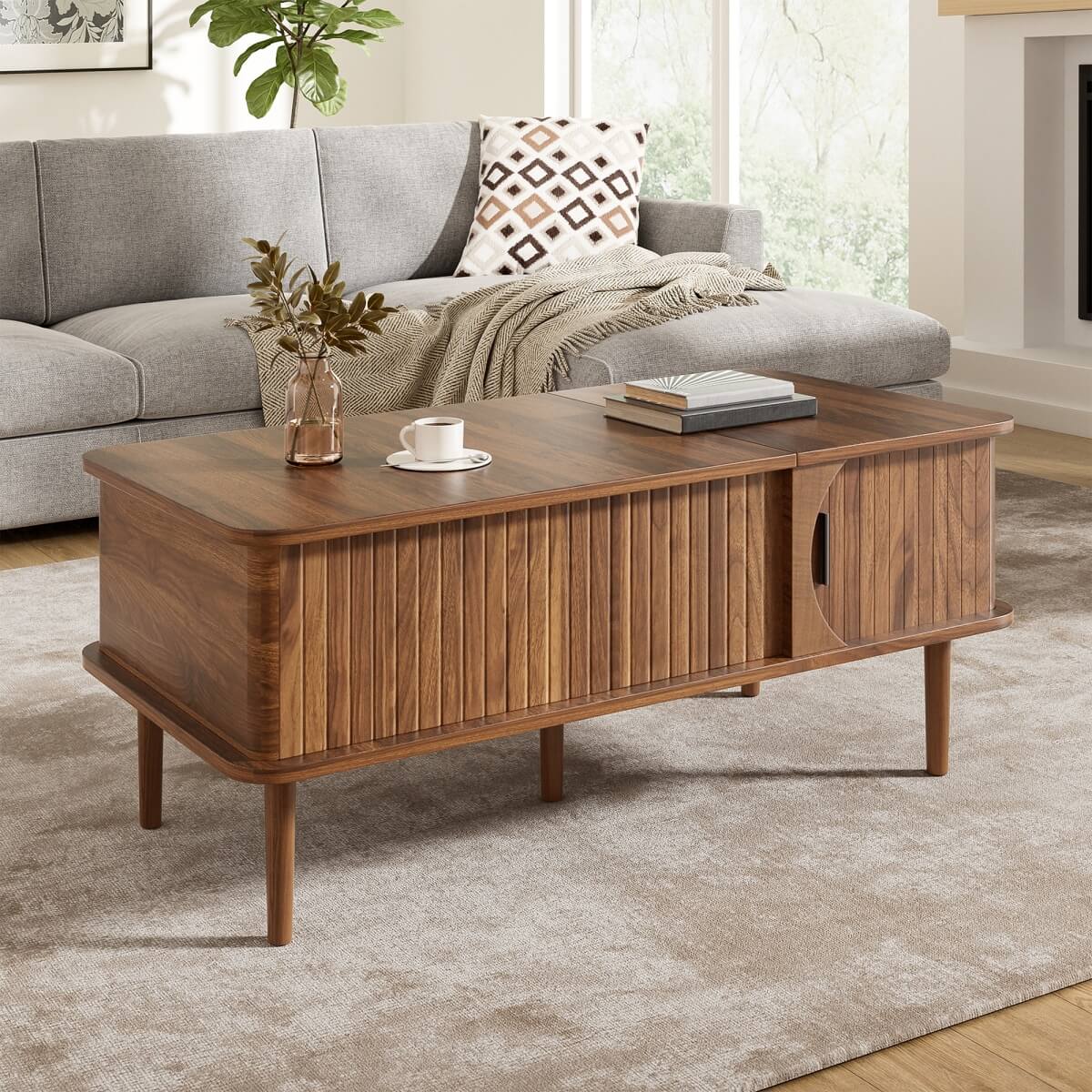 Retro Lift Top Coffee Table with Sliding Door - Walnut Effect Finish, Vertical Slat Design and Wooden Legs, Walnut