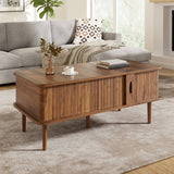 Retro Lift Top Coffee Table with Sliding Door - Walnut Effect Finish, Vertical Slat Design and Wooden Legs, Walnut