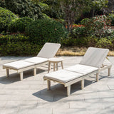 Outdoor Solid Wood Sun Lounger Set - 2 Adjustable Backrest Loungers with Round Side Table