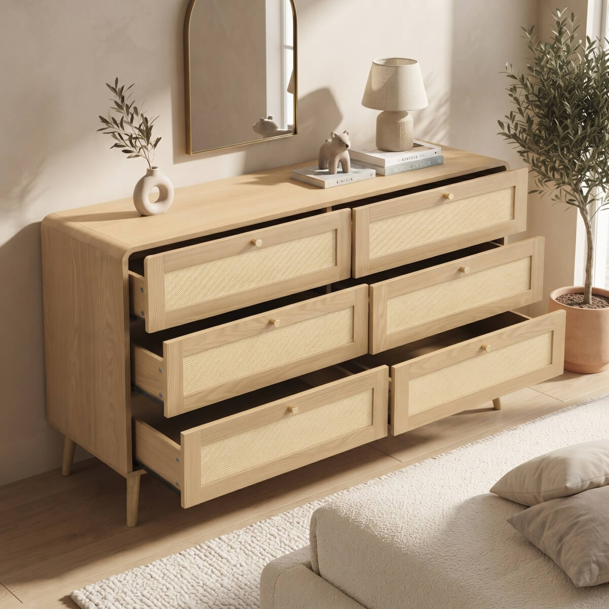 120cm 6 Drawer Chest of Drawers - Rattan Effect Bedroom Storage Dresser with Rounded Corners and Raised Legs, Natural Oak