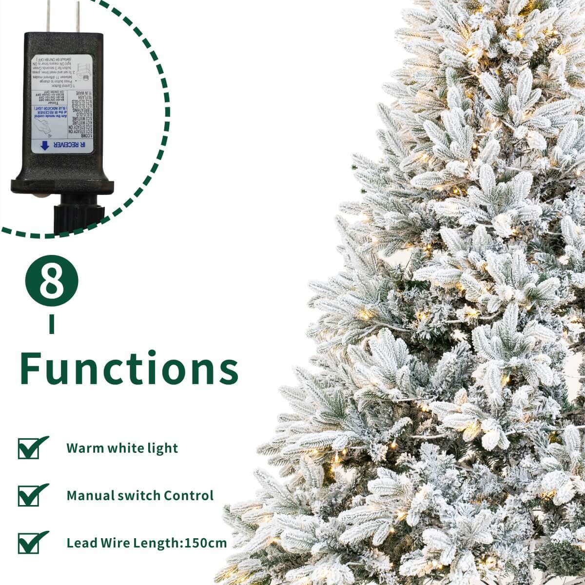 Realistic Snow-Flocked Green Artificial Christmas Tree - Full PVC & PE Mixed-Foliage Xmas Tree with Pre-Lit Warm White LED Lights & Faux Snow Effect, 6ft/7ft/8ft