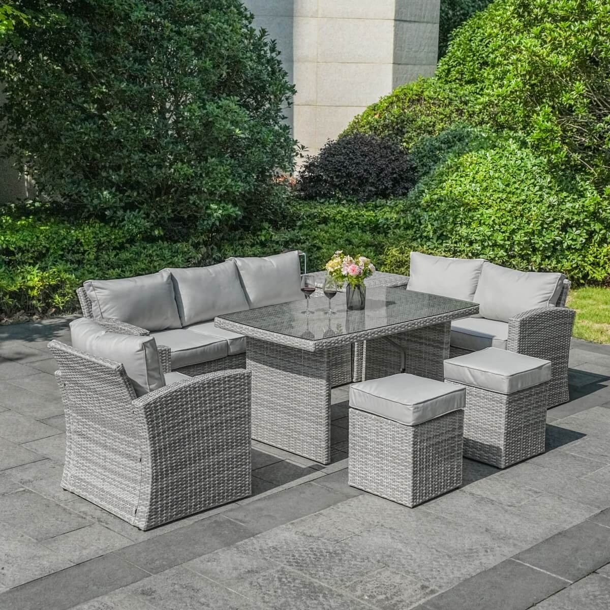8 Seater Outdoor Rattan Sofa Set with Side Table & Footstools - Garden Furniture Set, Whitewash