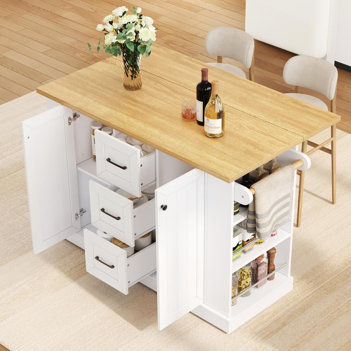 Kitchen Island Trolley with Foldable Worktop - Kitchen Cart on Wheels with Double-Sided 3-Tier Storage Shelves, 3 Drawers and Lockable Castors