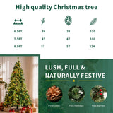 Realistic Full Green Artificial Christmas Tree with Pine Cones & Red Berries - Pre-Lit Warm White LED Lights, PVC Xmas Tree, 6.5ft/7.5ft/8.5ft
