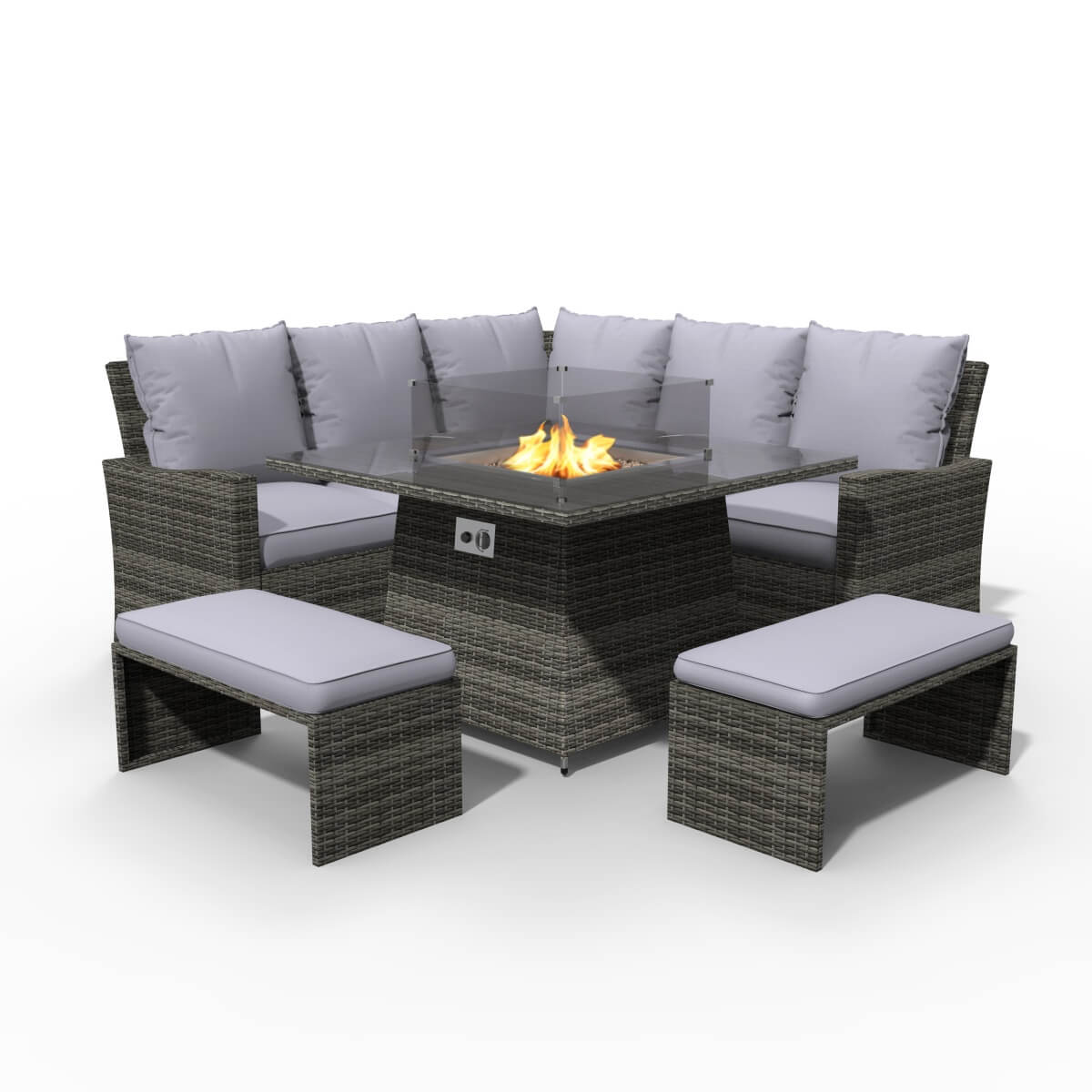 8-Seater Outdoor Corner Sofa Set with Square Fire Pit Table and 2 Benches - PAF-16700