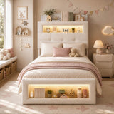 3ft Single Upholstered Storage Bed with LED Lights - Storage Headboard and Footboard, Velvet, Cream White