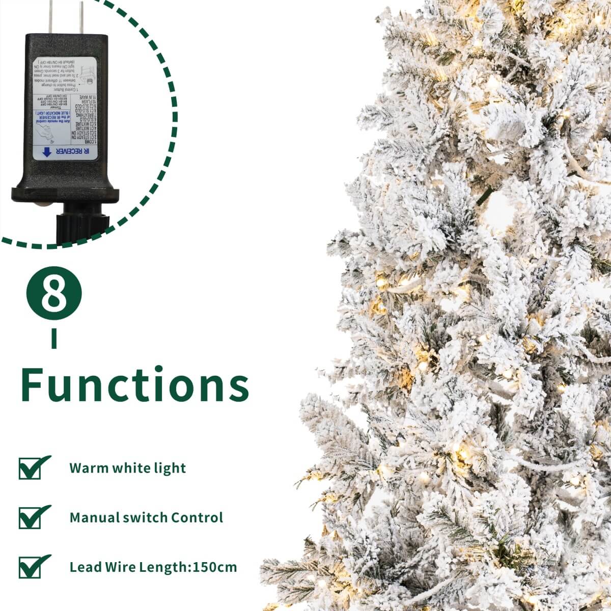 Snow-Flocked Green Artificial Christmas Tree - Realistic Full PVC Xmas Tree with Pre-Lit Warm White LED Lights & Faux Snow Effect, 5ft/6ft/7ft