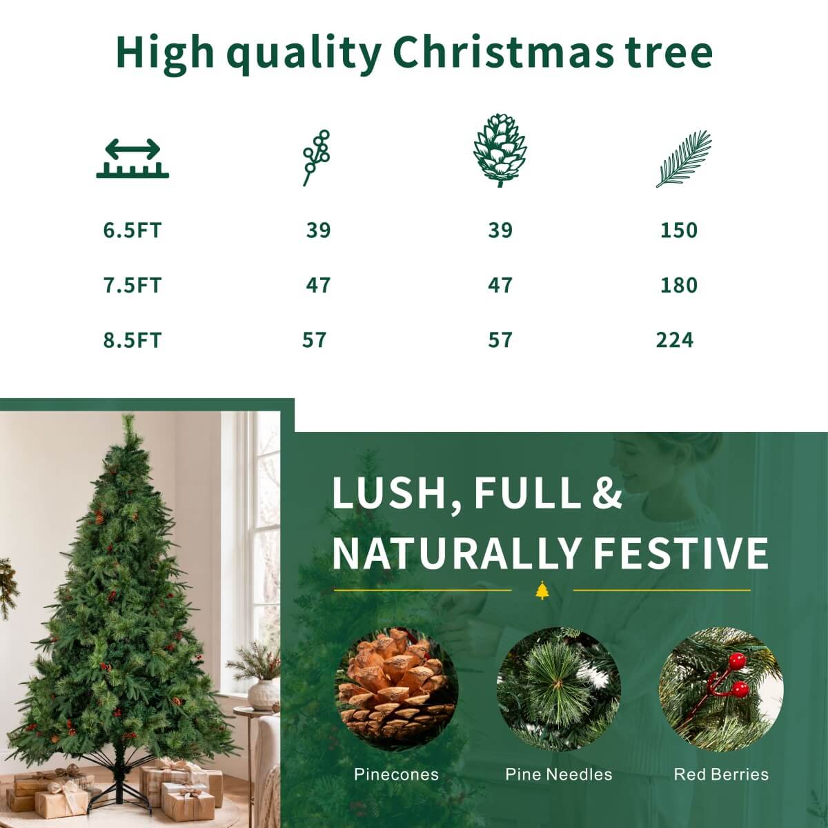 Realistic Full Green Artificial Christmas Tree with Pine Cones & Red Berries - PVC Xmas Tree for Easy Setup, 6.5ft/7.5ft/8.5ft