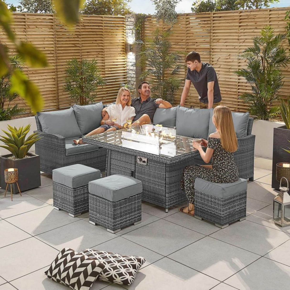 8-Seater Outdoor Corner Sofa Set with Rectangular Fire Pit Table and 3 Footstools - PAF-16591