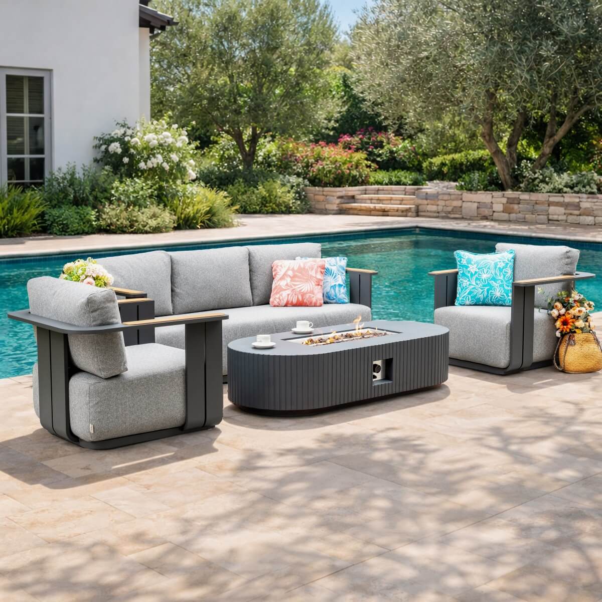 VAREL 4-Piece Sofa Set with LYRIN Fire Pit Table (2 Armchairs + 3-Seater)