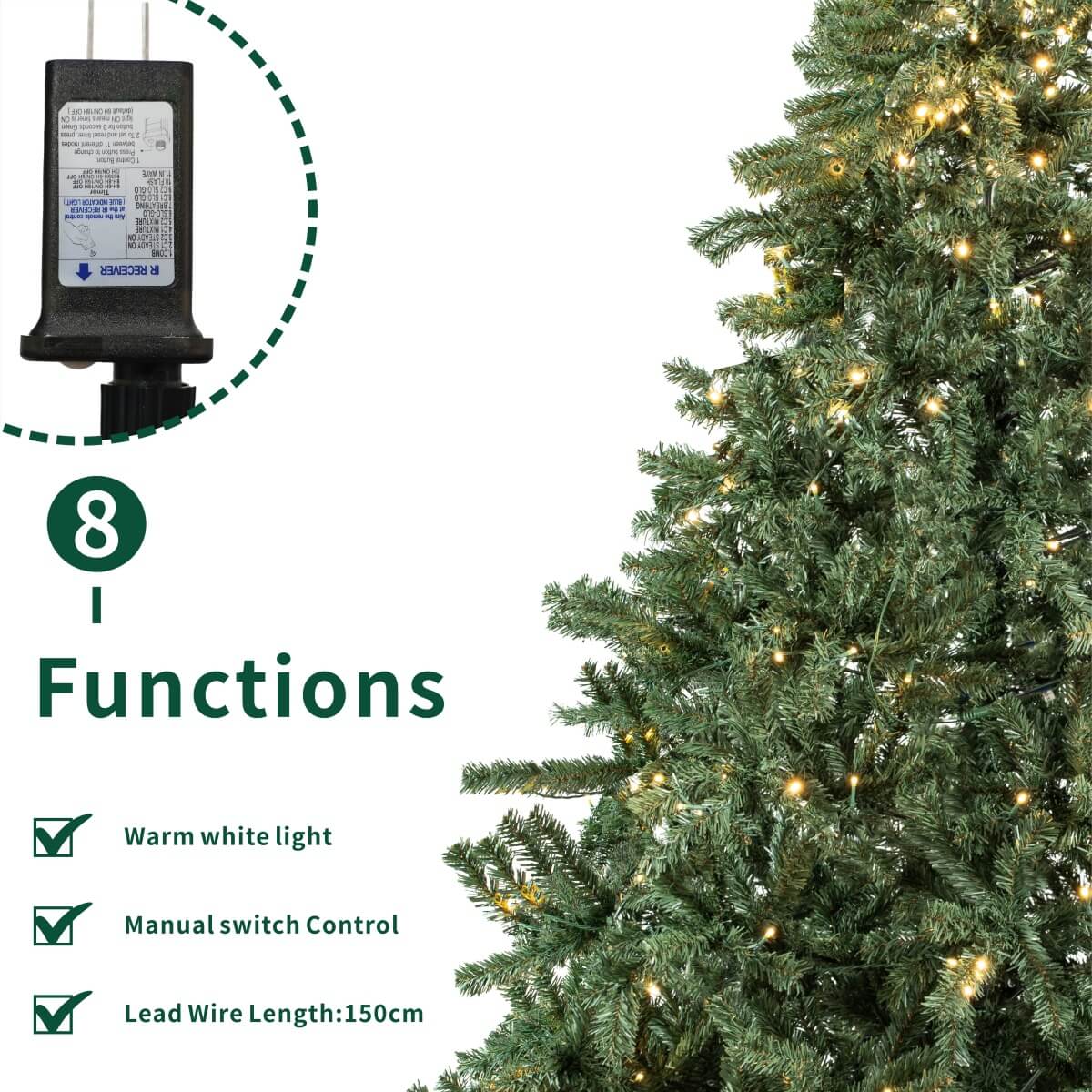 Realistic Full Green Artificial Christmas Tree - PVC Xmas Tree with Pre-Lit Warm White LED Lights, Easy Setup & Indoor Festive Decoration, 6ft/7ft/8ft