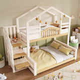 Kids Bunk Bed with Stairs - Storage Drawers, House Design, Solid Wood, White and Natural