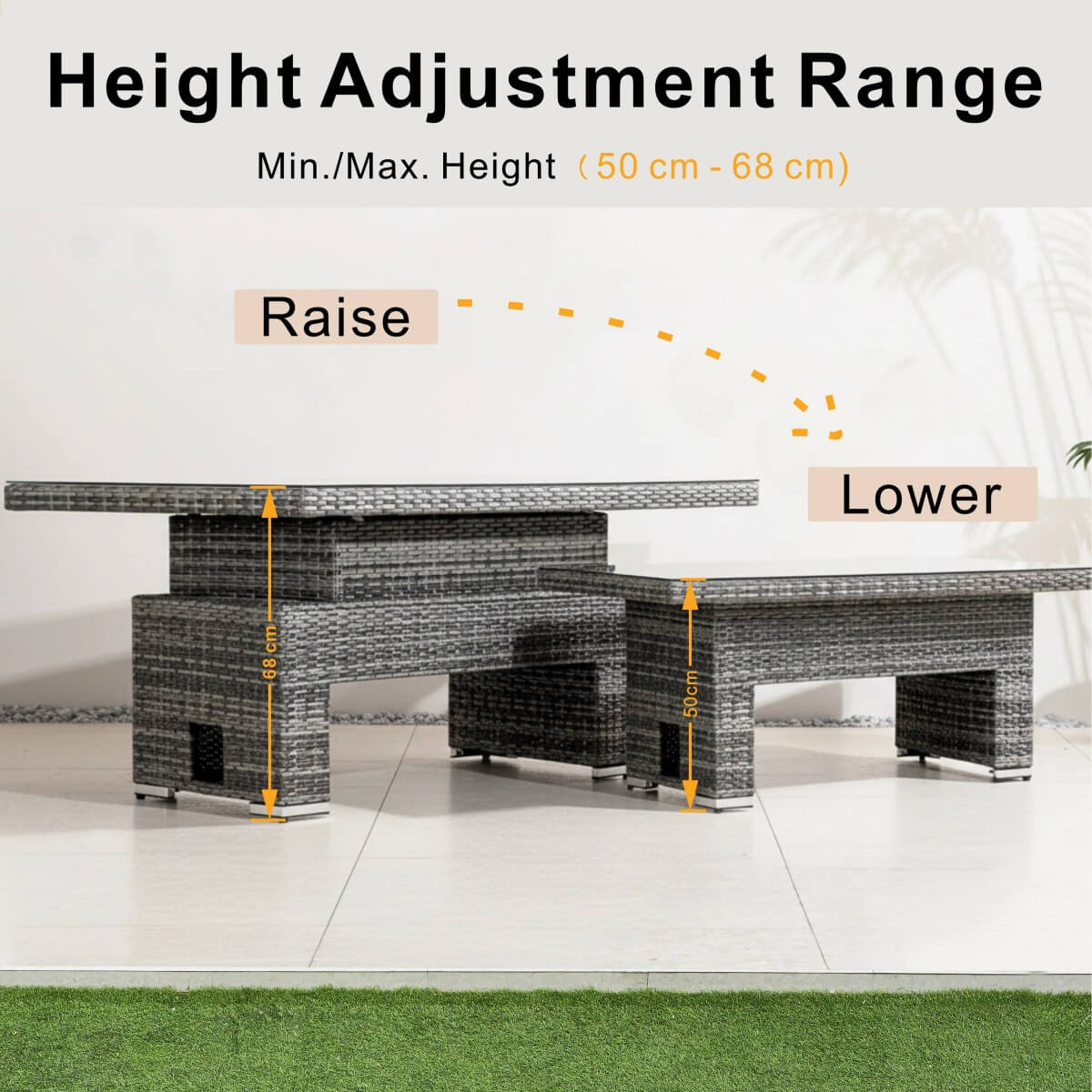 Outdoor Rattan Lift-Top Table with Tempered Glass Top - Garden Coffee Table