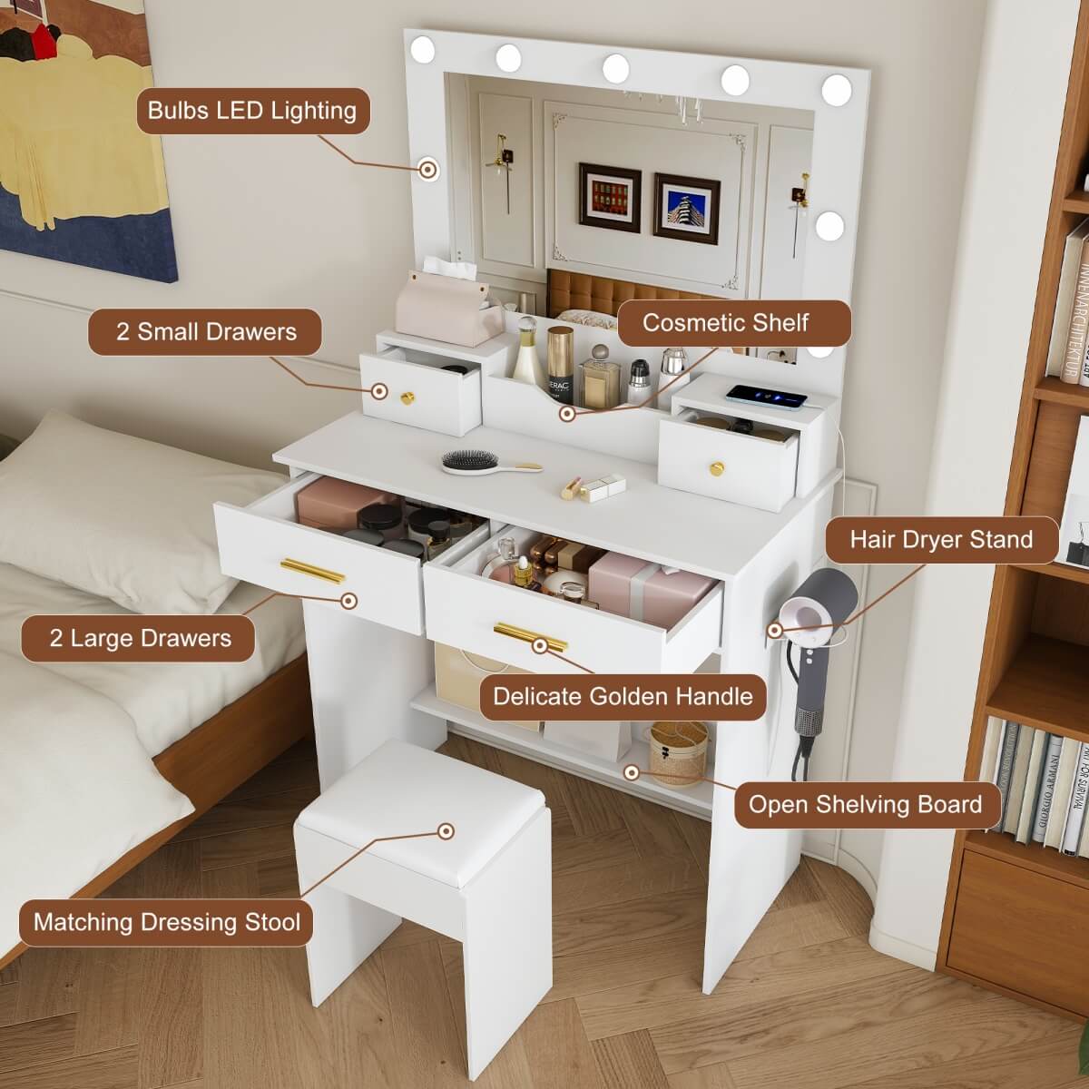 Makeup Vanity Desk with Mirror - 9 Hollywood Lights, 4 Drawers, Open Storage, Power Socket, Hair Dryer Holder & Stool, White