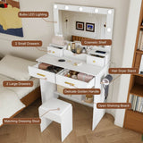 Makeup Vanity Desk with Mirror - 9 Hollywood Lights, 4 Drawers, Open Storage, Power Socket, Hair Dryer Holder & Stool, White