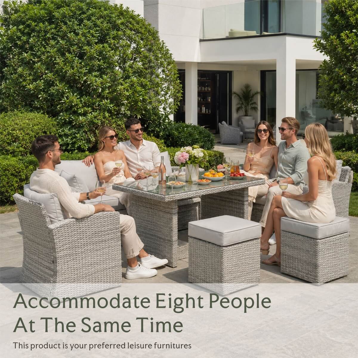 8 Seater Outdoor Rattan Sofa Set with Side Table & Footstools - Garden Furniture Set, Whitewash