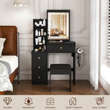 Modern Black Vanity Desk with 3-Mode LED Lighting - Dressing Table with 4 Drawers, Open Storage Shelves, Hair Dryer Holder, Power Socket & Chair