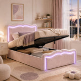 3ft Single Velvet Ottoman Storage Bed - Upholstered Hydraulic Bed with LED Lights, Wave Headboard and Metal Slatted Base, Pink
