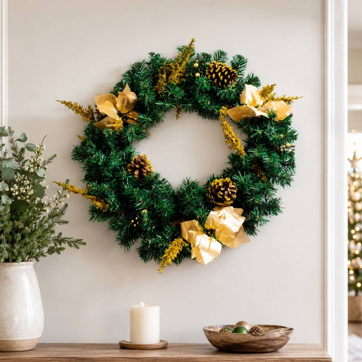 Christmas Wreath with Gold Flowers & Red Berries - PVC Wreath with Pre-Lit LED Lights & Gold Branches