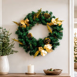 Christmas Wreath with Gold Flowers & Red Berries - PVC Wreath with Pre-Lit LED Lights & Gold Branches