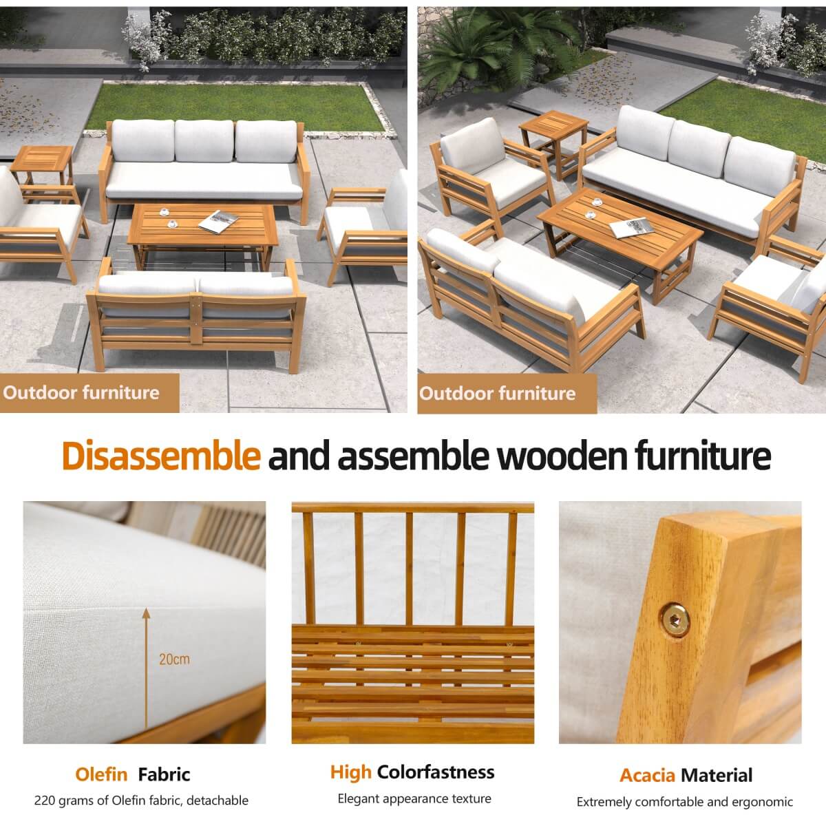 5-Seater Acacia Wood Outdoor Sofa Set – Solid Wood Garden Lounge with Coffee Table