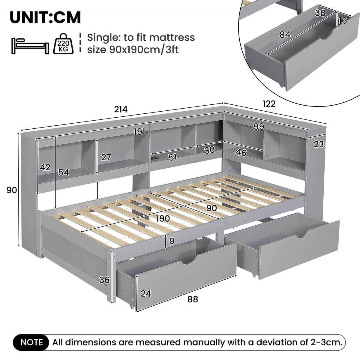 3ft Single L-Shape Daybed with 2 Storage Drawers & Bookcase - Modern Wooden Bed Frame with Charging Station, Grey