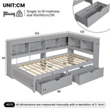 3ft Single L-Shape Daybed with 2 Storage Drawers & Bookcase - Modern Wooden Bed Frame with Charging Station, Grey