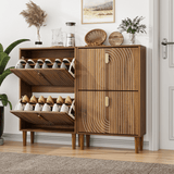 Shoe Storage Cabinet with 2 Flip-Down Drawers - Freestanding Shoe Rack with Metal Handles and Grooved Design for Entryway