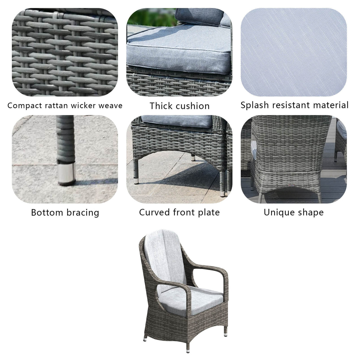 Set of 2 Rattan Garden Dining Chairs - Aluminium Frame, Outdoor Armchairs