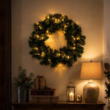 Pre-Lit Artificial Christmas Wreath - Realistic PVC Foliage Wreath with Warm White LED Lights for Door & Home Decoration
