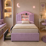 3ft Single Kids Upholstered Bed - House-Inspired LED Storage Headboard, Charging Station and 2 Reversible Drawers, Purple