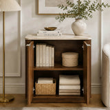 Fluted 2-Door Sideboard - Walnut Effect with Travertine Effect Top, 2-Tier Shelves, Rounded Corners and Metal Handles