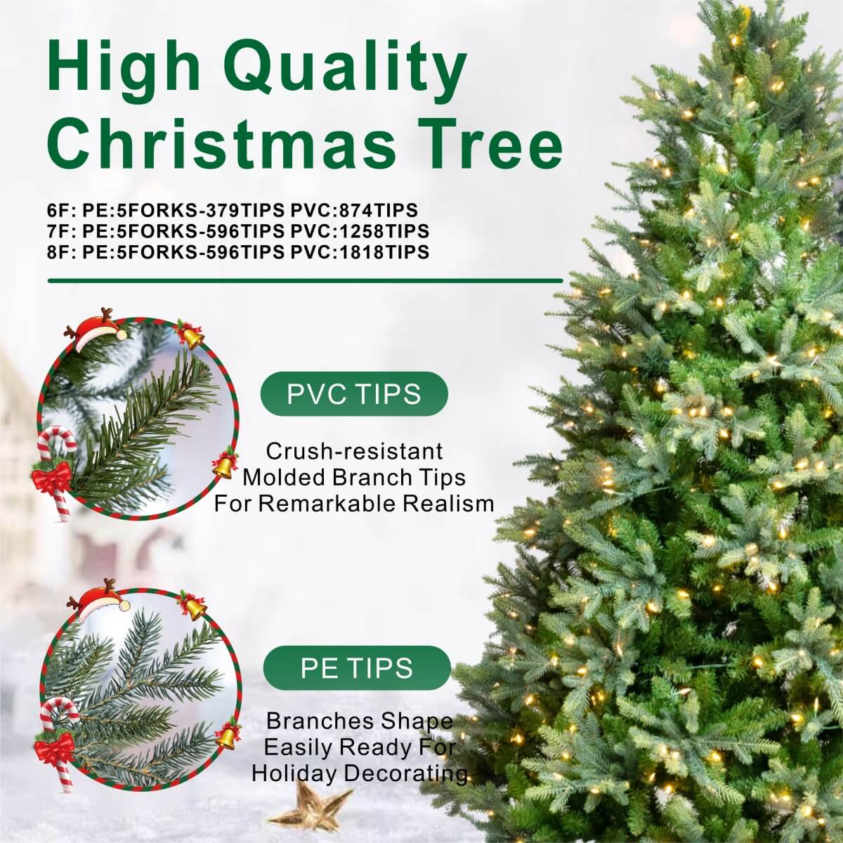 Lush Full Green Artificial Christmas Tree - Realistic Xmas Tree with Pre-Lit LED Lights for Festive Home Decoration, 6ft/7ft/8ft