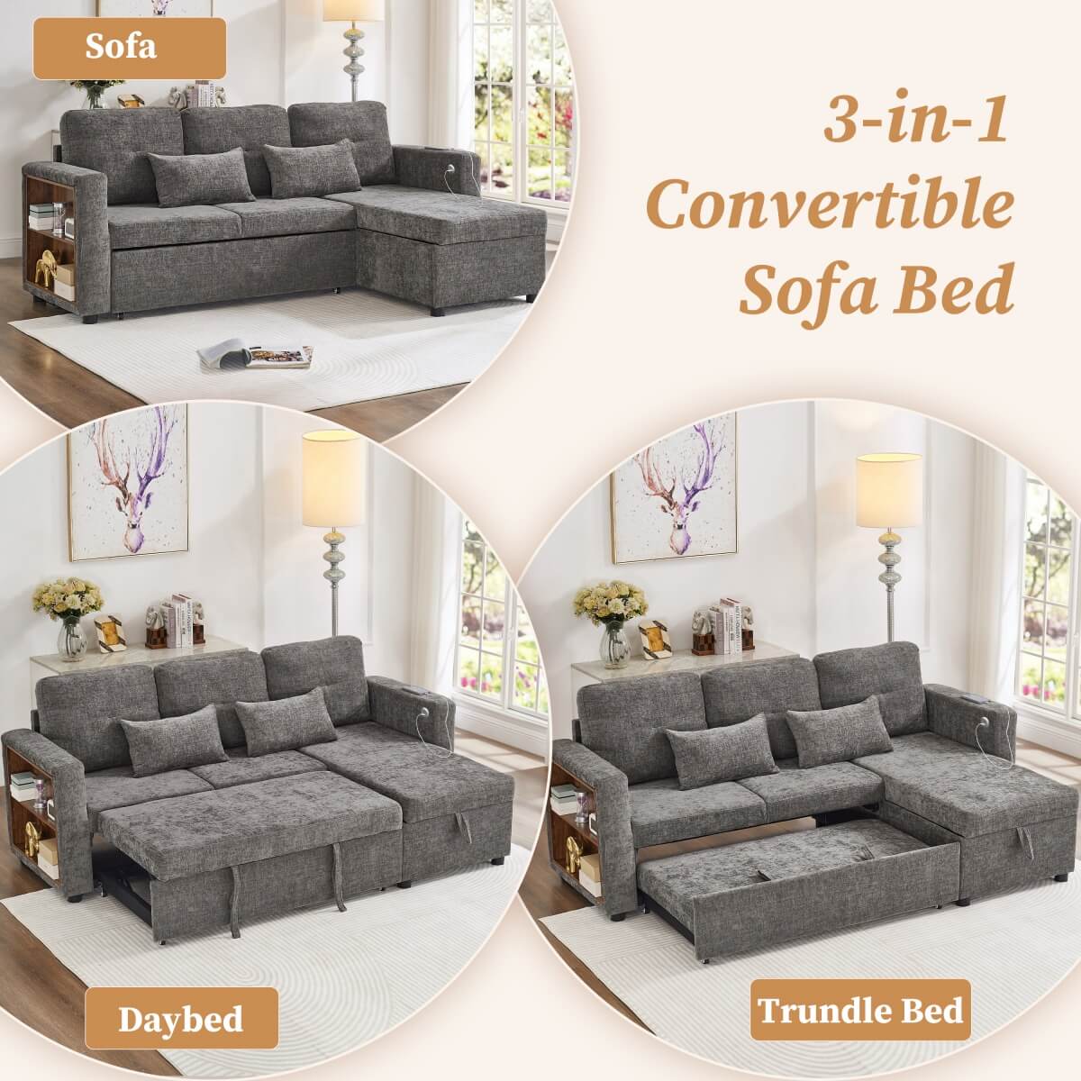 3-in-1 L-Shaped Sofa Bed - Grey Chenille Sectional Sleeper with Storage Chaise and USB/Type-C Charging