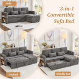 3-in-1 L-Shaped Sofa Bed - Grey Chenille Sectional Sleeper with Storage Chaise and USB/Type-C Charging