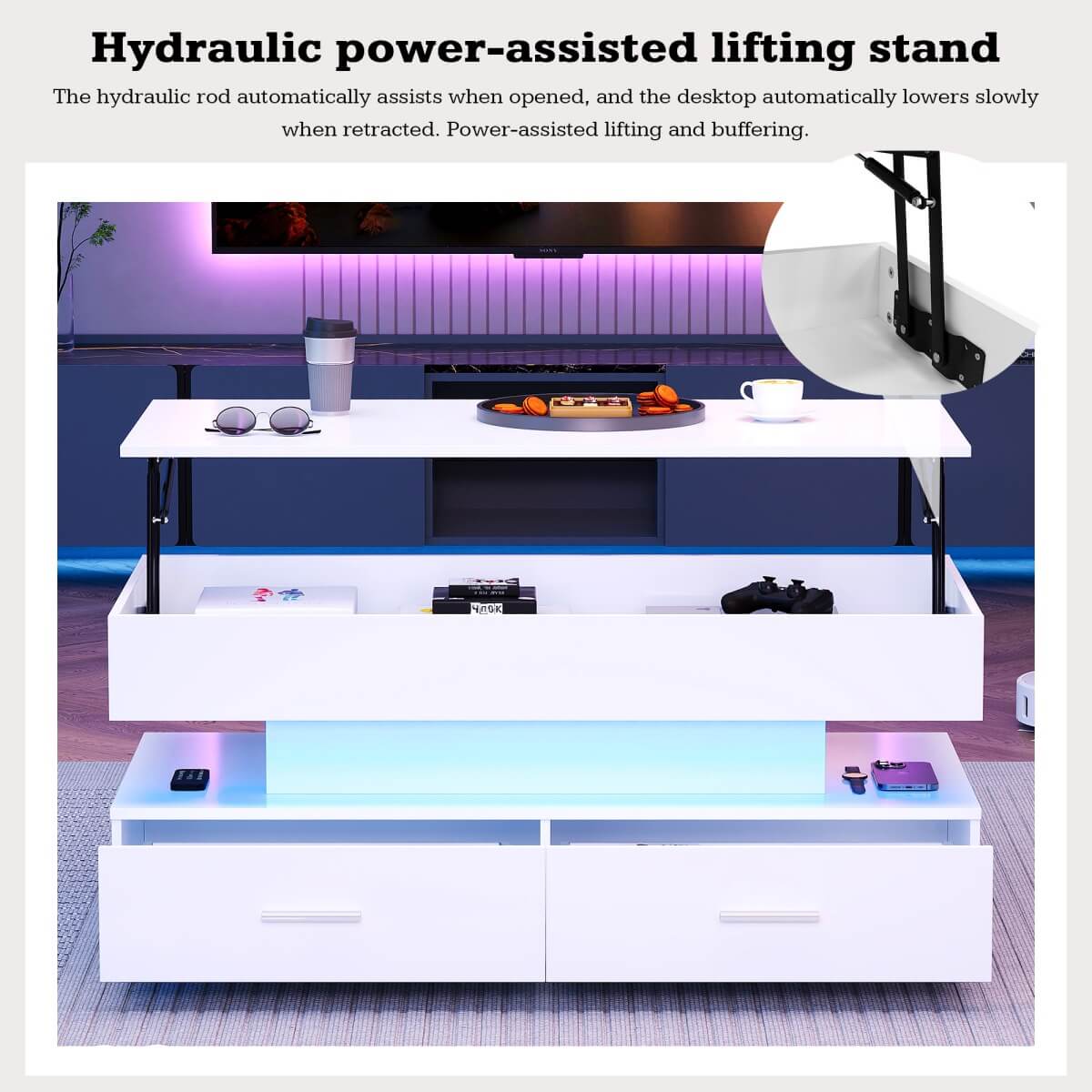 LED Lift Top Coffee Table - Hydraulic Storage Coffee Table with Drawers for Living Room, White