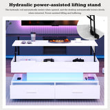 LED Lift Top Coffee Table - Hydraulic Storage Coffee Table with Drawers for Living Room, White