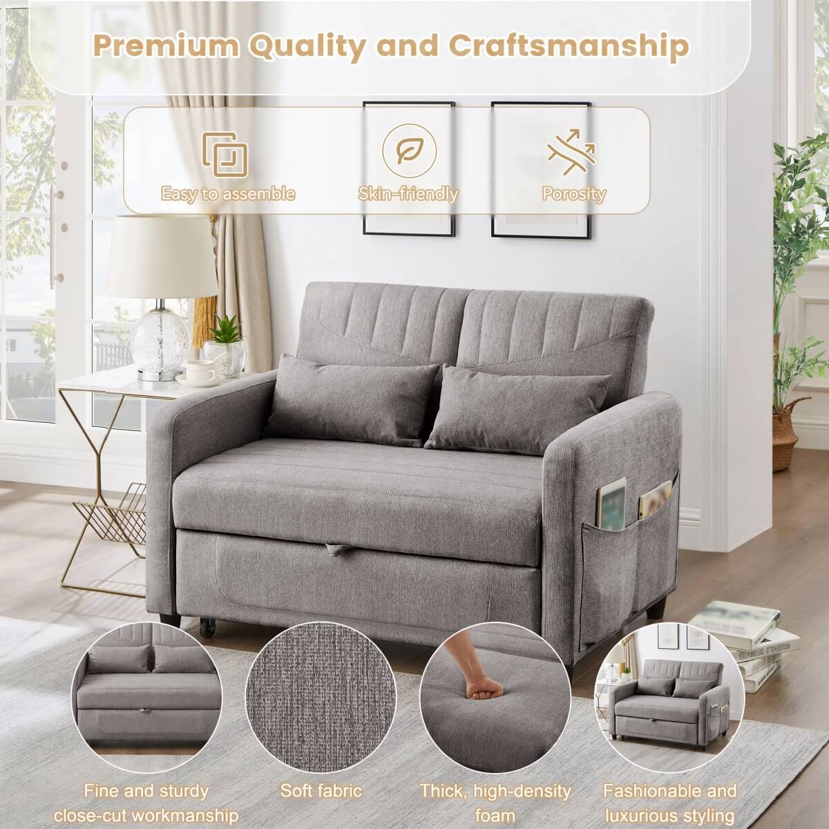 2 Seater Pull-Out Sofa Bed with Adjustable Backrest - Convertible Sleeper Sofa, Cotton Linen Fabric, Dark Gray